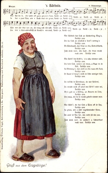 Song Postcard Mückenberger, Hilmar, &#39;s Bärbele, Erzgebirge dialect, costume, Wilhelm Vogel