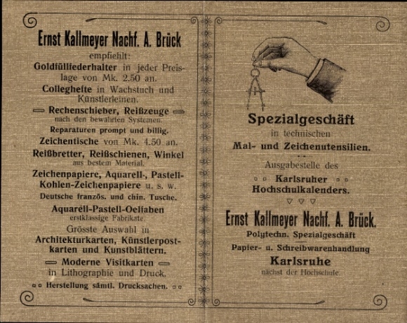 Timetable Ernst Kallmeyer Nachf. A. Brück, painting and drawing utensils around 1920