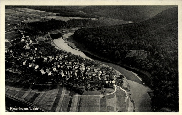 Postcard Kirschhofen Weilburg an der Lahn Hesse, landscape photo, river, houses, fields