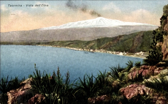 Postcard Taormina Sicilia, view to Etna