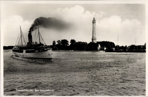 Postcard Świnoujście Świnoujście Pomerania, steamship, lighthouse