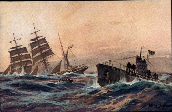 Künstler Ak Stöwer, Willy, Deutsches U Boot versenkt französische Bark, Atlantik, U-Boot Spende 1917