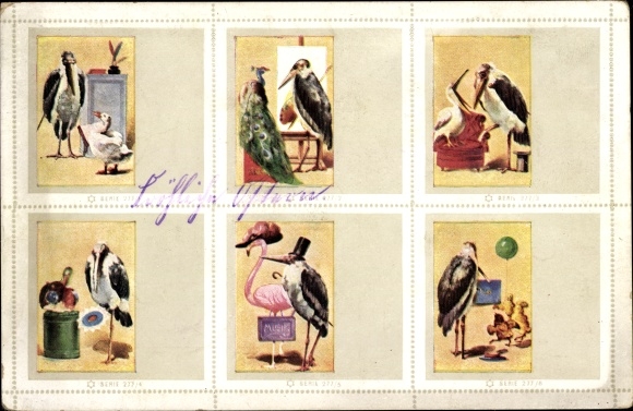 Artist Postcard humanized animals, marabou, pelican, peacock as a muse, flamingo as a lady