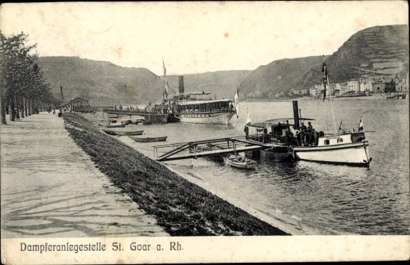 KP St. Goar am Rhein, molo parowców, statki, krajobraz, rzeka