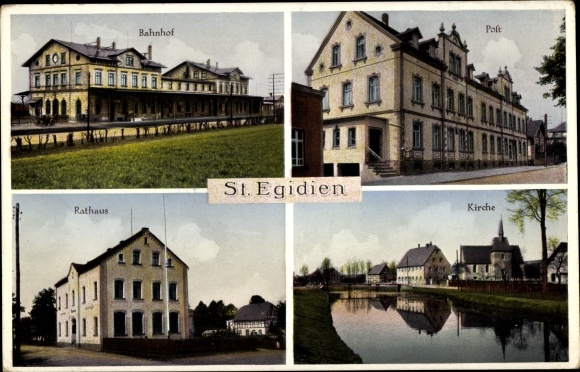 Ansichtkaart Sankt Egidien in Saksen, treinstation, postkantoor, stadhuis, kerk
