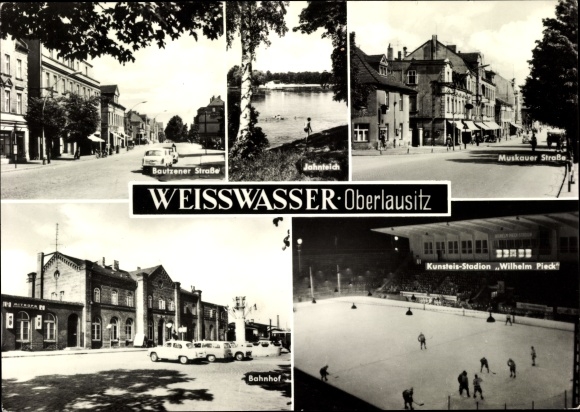 Postcard Weißwasser in Oberlausitz, train station, Bautzener Str., artificial ice stadium Wilhelm Pieck, ice hockey