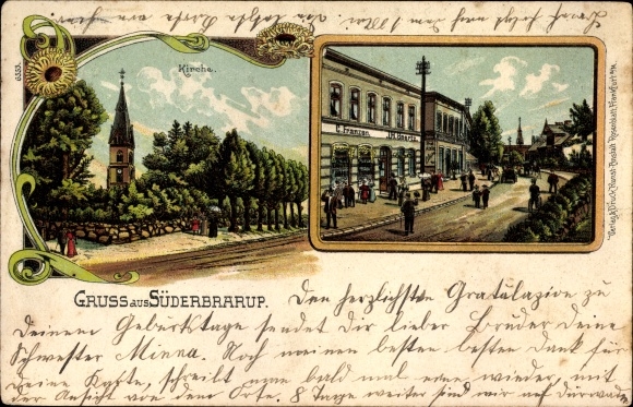 Litho Süderbrarup in Sleeswijk-Holstein, kerk, winkels C. Franzen, JH Haertz