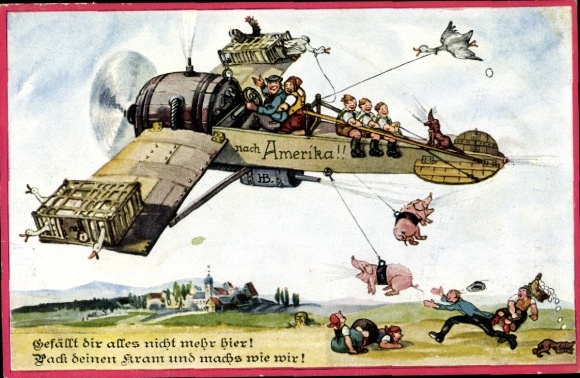Ak Gefällt dir alles nicht mehr hier, Flugzeug nach Amerika, Schweine