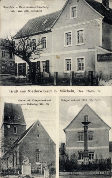 Ak Niederwünsch Wünsch Mücheln im Saalekreis, Geschäftshaus Joh. Schwarze, Kirche, Kriegerdenkmal