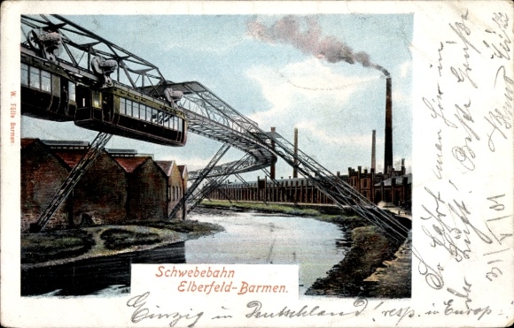 Postcard Wuppertal, suspension railway, factory building, chimney
