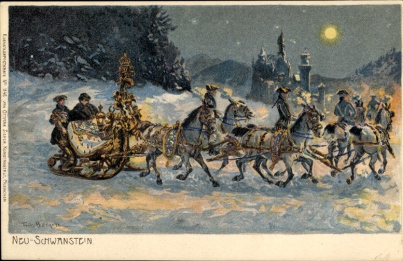 Kunstenaar litho Bergen, Hohenschwangau Schwangau, kasteel Neuschwanstein, slee, koning Ludwig II