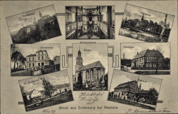 Postcard Schönberg in Sachsen, church, vicarage, inn, Bemmanns Gut