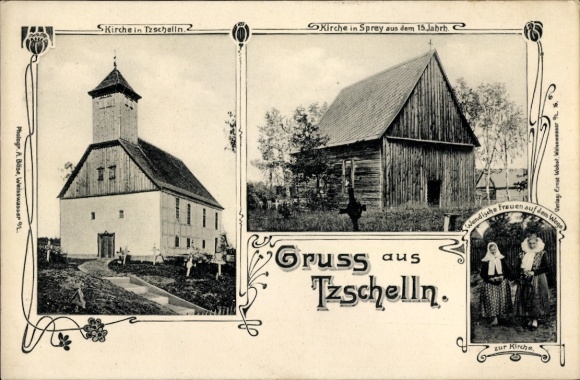 Postcard Tzschelln near Weißwasser, churches, Wendish women