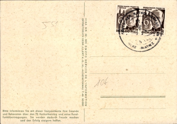 Postcard Mainz in Rhineland Palatinate, 72nd German Catholic Congress 1948, Don't complain, act!