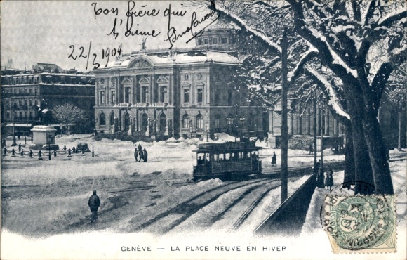 Postcard Genève Geneva Switzerland, Place Neuve in winter, tram