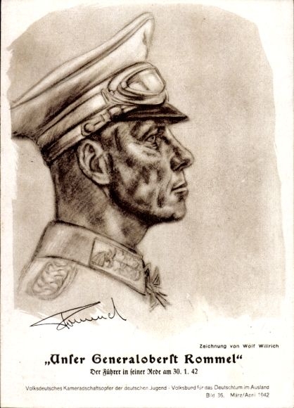 Artist Postcard Willrich, Wolfgang, Colonel General Rommel, portrait, 1942, desert fox, Knight's Cross holder