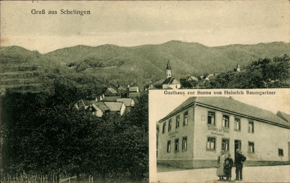 Postcard Schelingen Oberrotweil Vogtsburg in the Kaiserstuhl, general view, church, Gasthaus zur Sonne