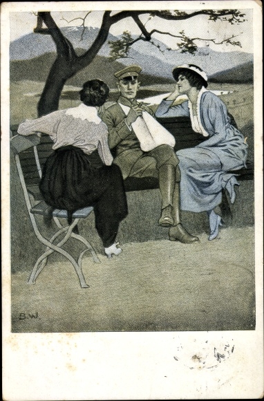 Artist PC Wennerberg, Bruno, at home, two women and a man, soldier