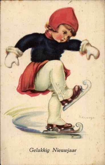 Postcard Happy New Year, little girl on skates