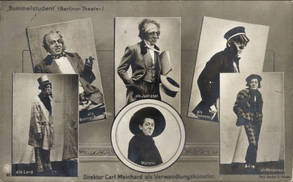 Postcard Berliner Theater, slacker student, director Carl Meinhard as a quick-change artist