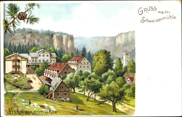 Litho Rosenthal Bielatal Schweizermühle, Totalansicht