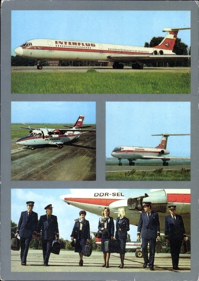 Postcard German passenger plane, Interflug, DDR SEL, Ilyushin IL 62, flight attendants, pilots