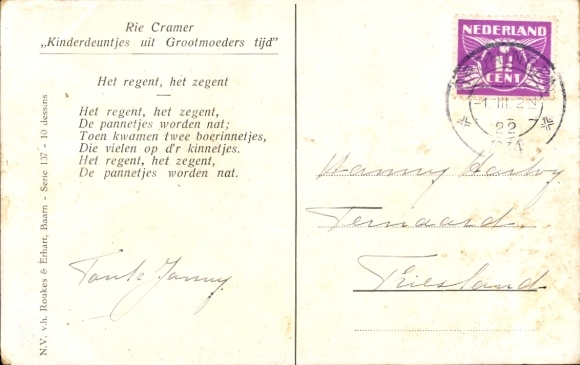 Passepartout-artiest Ak Cramer, R., kinderliedjes met grootmoeders tijd, Het regent, het is een zegen