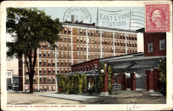 Ak Bridgeport Connecticut USA, auto-ingang van het Stratfield Hotel, East Lynn Station, poststempel