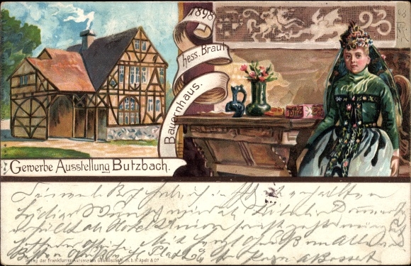 Artist Chromo-Litho Butzbach in Hesse, commercial exhibition 1898, farmhouse, bride in folk costume