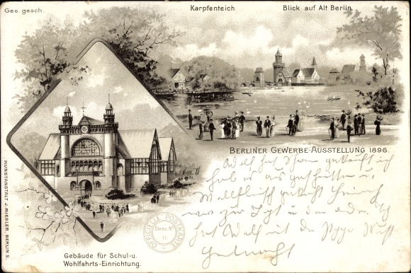 Dzielnica lito Berlin Treptow, staw karpiowy, widok na Stary Berlin, berlińska wystawa handlowa 1896