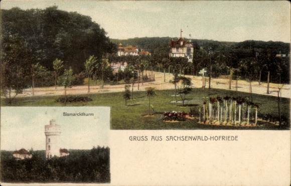 Ak Sachsenwald Hofriede Aumühle in het hertogdom Lauenburg, algemeen beeld, Bismarcktoren