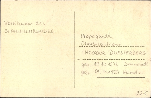 Artist PC Hiesinger, D., Lieutenant Colonel Theodor Duesterberg, chairman of the Stahlhelmbund