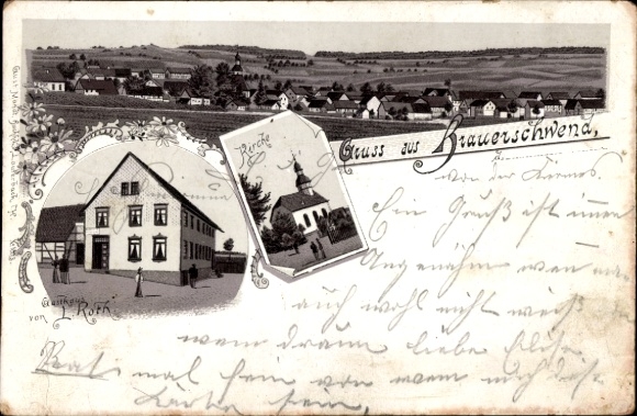 litho Brauernschwend Brauerschwend Schwalmtal in Hessen, herberg van L. Roth, kerk