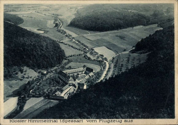 Postcard Bad Orb in Spessart Hesse, aerial photograph of Himmelthal Monastery, river and landscape