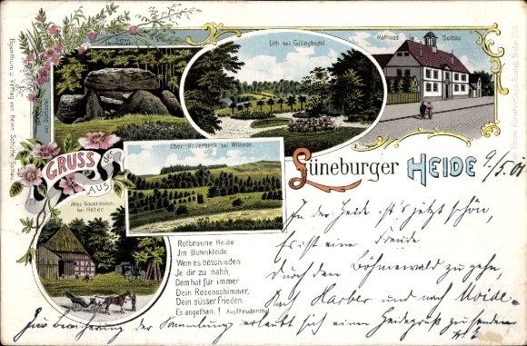 Chromo-Litho Soltau in the Lüneburg Heath, Town Hall, Seven Stone Houses, Lith near Fallingbostel, poem