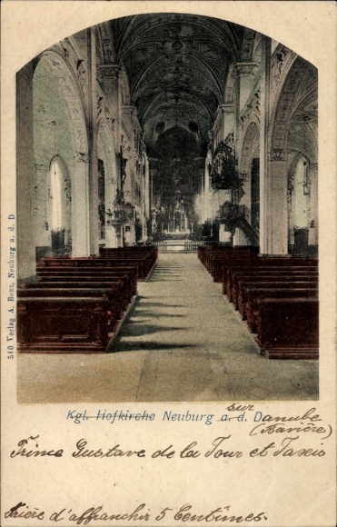 Postcard Neuburg an der Donau Upper Bavaria, view of the Royal Court Church of Neuburg, benches, high ceiling, re...