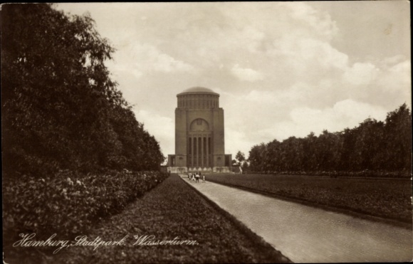 Postcard Hamburg Nord Eppendorf, Anscharhöhe, Stadtpark water tower, row of trees, path, clouds