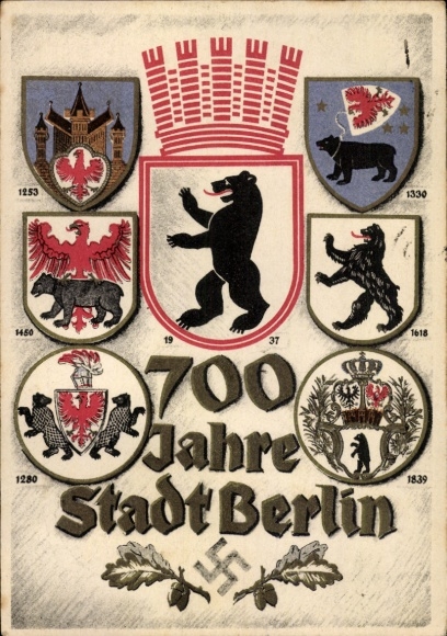 Coat of arms Postcard Berlin, 700th anniversary, city coat of arms since 1253 to 1937, Berlin bear