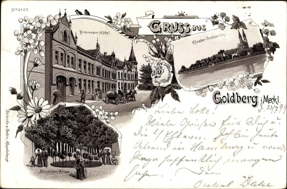 Chromo-Litho Goldberg Mecklenburg Western Pomerania, Brunnen Hotel, Dobertin Monastery, Brunnen Allee