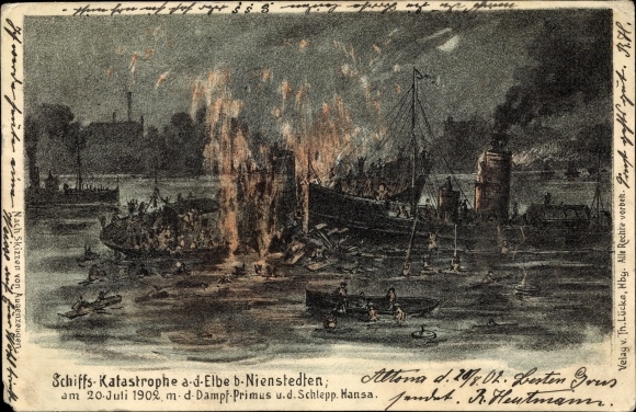 Artist Chromo-Litho steamer Primus, tugboat Hansa, shipwreck on the Elbe near Nienstedten 1902
