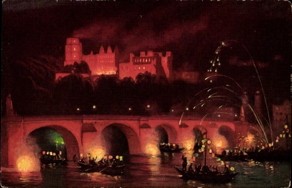 Postcard Heidelberg am Neckar, castle illumination, night scenery, boats with lights, fireworks
