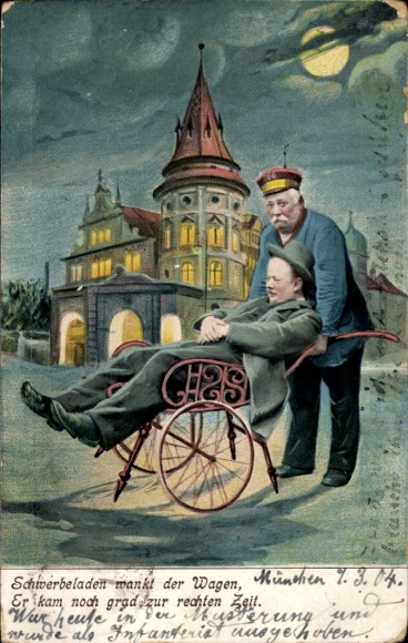 Postcard Munich Bavaria, A man lies on a stretcher, drunk