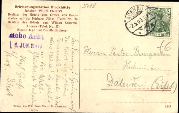 Postcard near Adenau in Rhineland-Palatinate, log cabin of the High Eight, owner Wilh. fringes