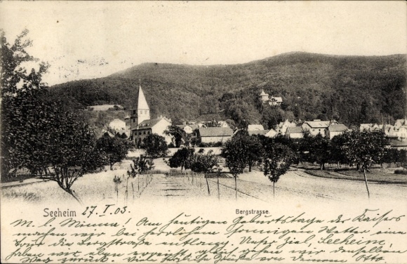 Ak Seeheim Jugenheim an der Bergstraße, Landschaft mit Kirche, Bergstraße,  