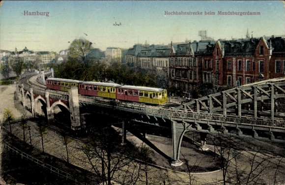 Postcard Hamburg Hohenfelde, Mundsburgerdamm, elevated railway line