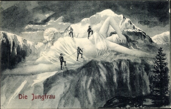 Moonlight Postcard Mountaineer on the Jungfrau, smiling moon, mountain with a face