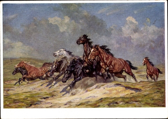 Artist Postcard Roloff, Alfred, HDK 153, Fleeing Horses
