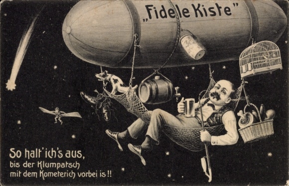 PC Fidele-Kiste, Zeppelin ride, man with beer glass and pipe, travel, dog, barrel