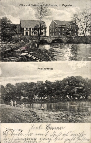 Postcard Steyerberg Lower Saxony, Mill and Electric Light Center, Philosophenweg