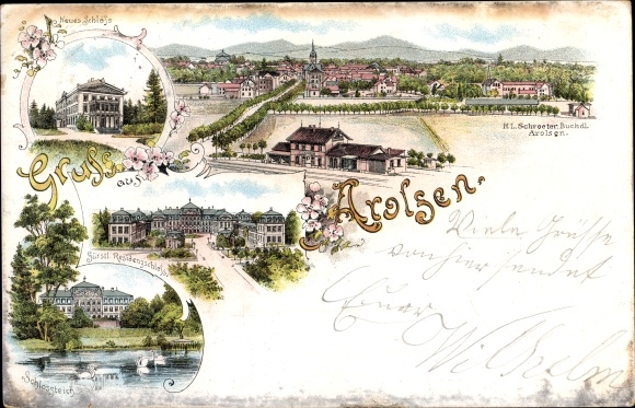 Chromo-Litho Bad Arolsen in Hesse, train station, track side, residential palace, palace pond, total view